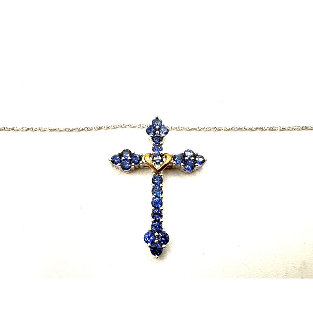 Sterling & 10k Gold Lab Blue Sapphire Cross Necklace